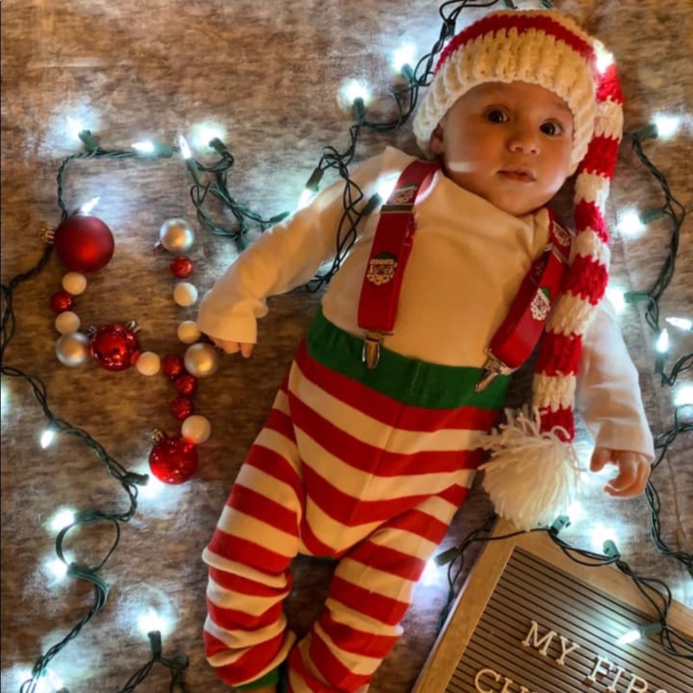 Doodle pants, hand knit hats, Santa suspenders